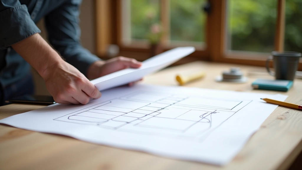 Person sketching stone patio layout design on paper with measurements and stone size annotations marked clearly