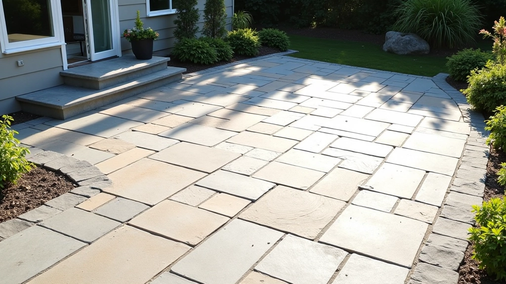 Completed natural stone patio with varied stone sizes arranged in running bond pattern with clean grout lines