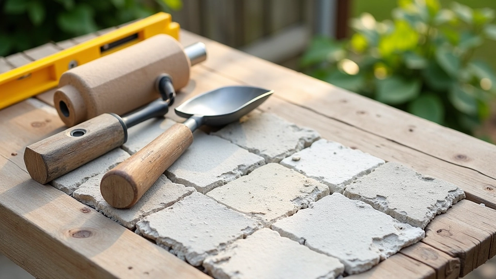 Collection of essential patio preparation tools including level, rake, shovel, and tamper arranged on wooden surface