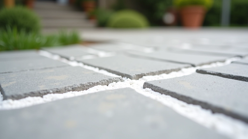 Close-up view of freshly applied white grout between gray natural stone pavers in afternoon sunlight