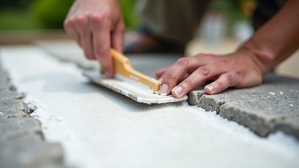Professional applying polymer-modified grout between stone pavers with grout float tool