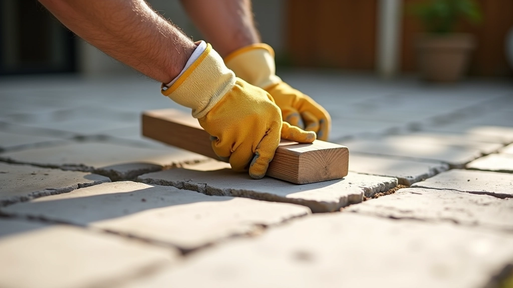 Hands wearing work gloves using a wooden grout float at a 45-degree angle to smooth grout joints between stone pavers