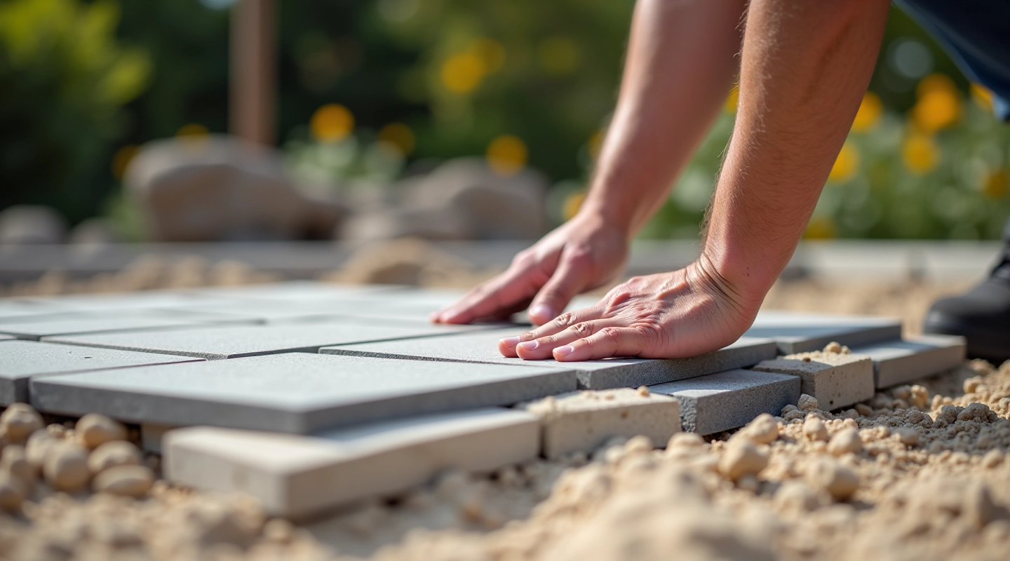 Hands laying natural stone pavers on prepared base with sand and gravel visible