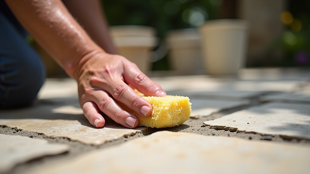 Person cleaning excess grout from between stone pavers with sponge and bucket of water