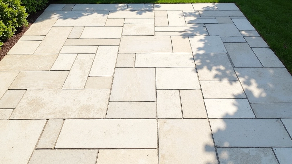 Herringbone patio pattern with rectangular stones arranged in alternating diagonal rows creating V-shaped lines across the surface