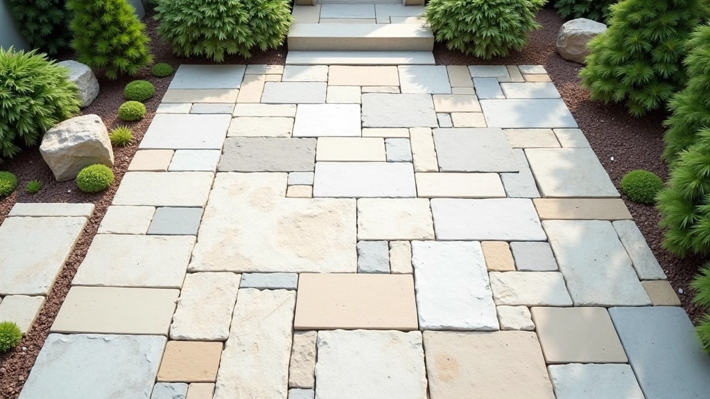 Random pattern stone patio showing varied stone sizes and orientations creating organic visual flow without repeating joints