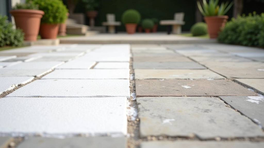 Comparison of stone patio surface showing white grout haze on left side and clean stone on right side after proper cleaning