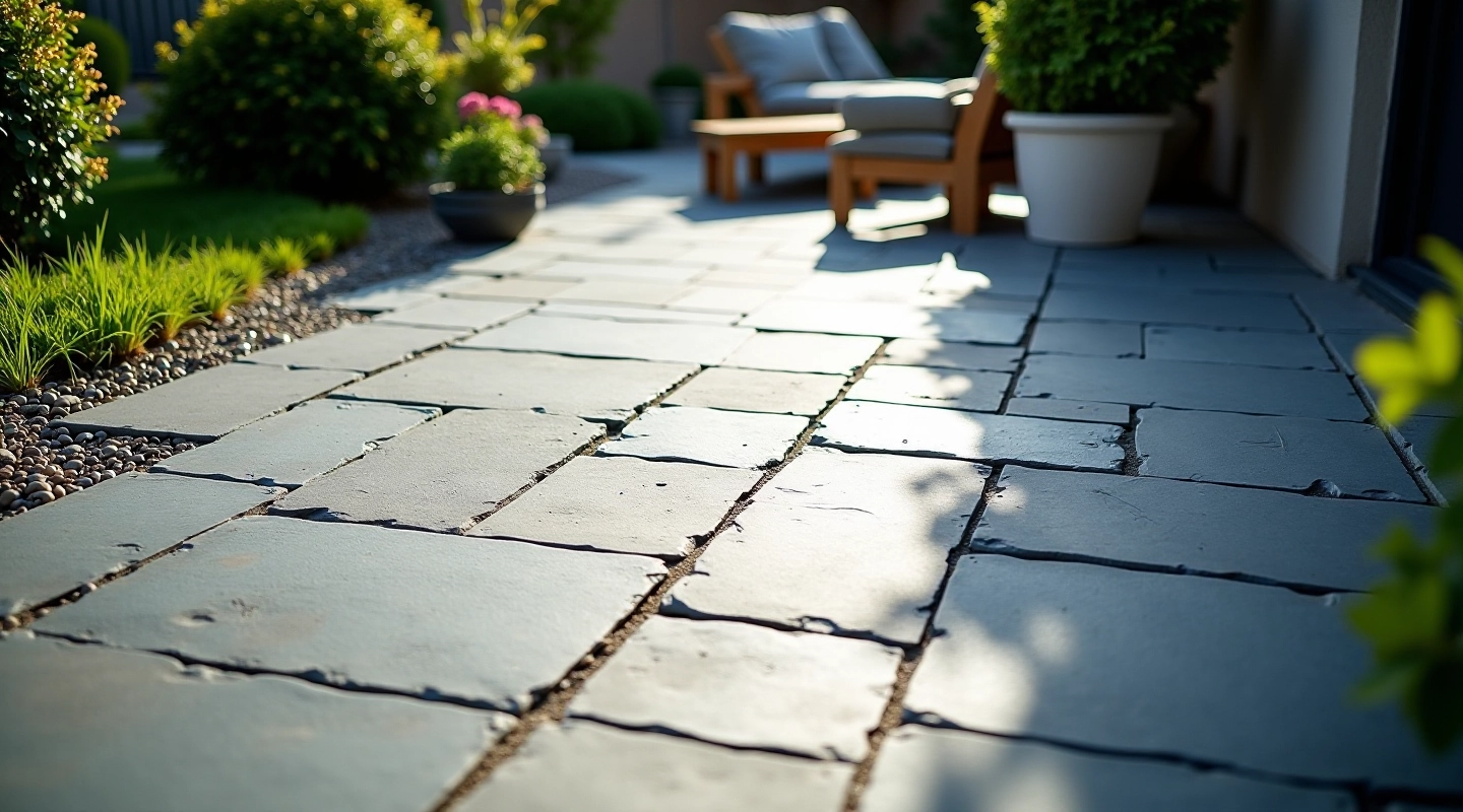 Professional stone patio installation with natural slate pavers and frost-resistant grouting