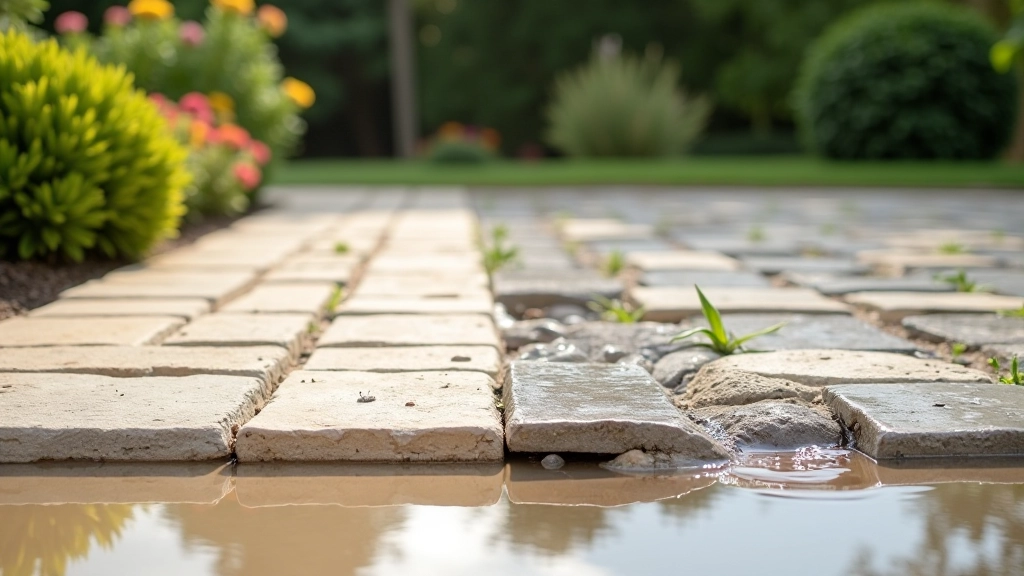 Side-by-side comparison showing properly sloped patio base and uneven base with water pooling issues
